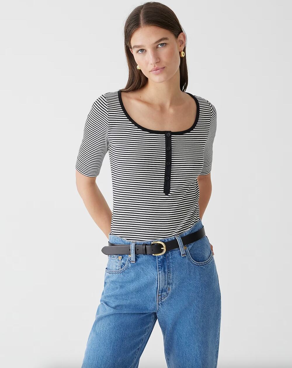 J. Crew Vintage Rib Henley T-Shirt in Stripe Black White BT683 Size S